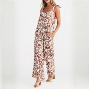 Talisman Temple Jumpsuit Marbella Paisley Floral Print XS Tie Shoulder